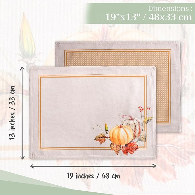 Maison d' Hermine Placemats Set of 4 100% Cotton Washable Cloth Place Mats, Reusable Table Mats for Thanksgiving Christmas Decorations Kitchen Dining Party Wedding Restaurant (Potiron, 13" x 19")