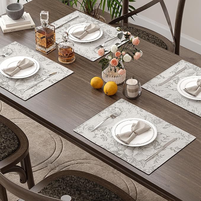 JINCHAN Floral Placemats Set of 4 Farmhouse Linen Placemats Cloth Table Mats Holiday Seasonal Rustic for Kitchen Dining Table Decor Heat Resistant Washable Tablemats 13x19 Inch Gray