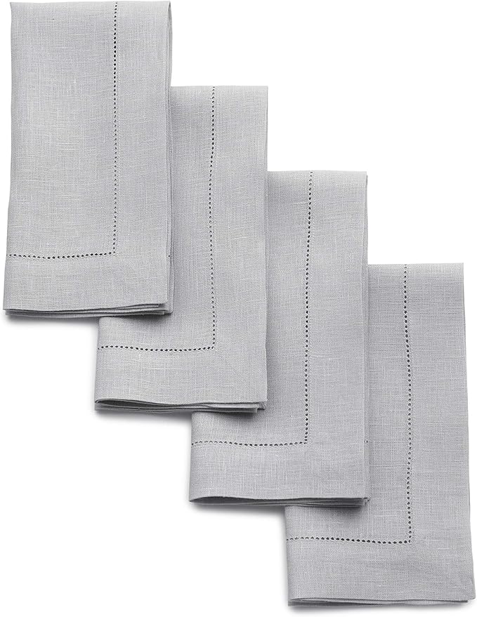 Solino Home Linen Napkins Set of 4 - Classic Hemstitch 100% Pure Linen Soft Grey Dinner Napkins Cloth 20 x 20 Inch for Spring, Summer, Mothers Day - Handcrafted and Machine Washable