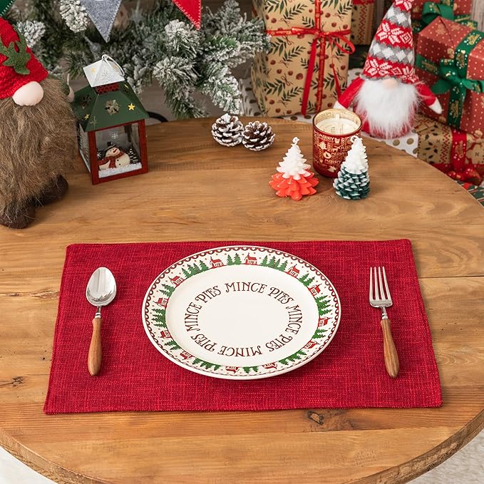 Kevin Textile Christmas Burlap Linen Placemats Set of 6 Heat Resistant Dining Table Place Mats Washable Kitchen Table Mats for Dinning Party Holiday Indoor Outdoor, 13 x19 inches, Burgundy
