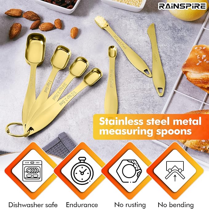 Rainspire Heavy Duty Measuring Spoons Set Stainless Steel, Metal Measuring Cups and Spoons Set for Dry or Liquid, Fits in Spice Jar, Home Gadgets Kitchen Gadgets, Set of 7 Including Leveler, Gold