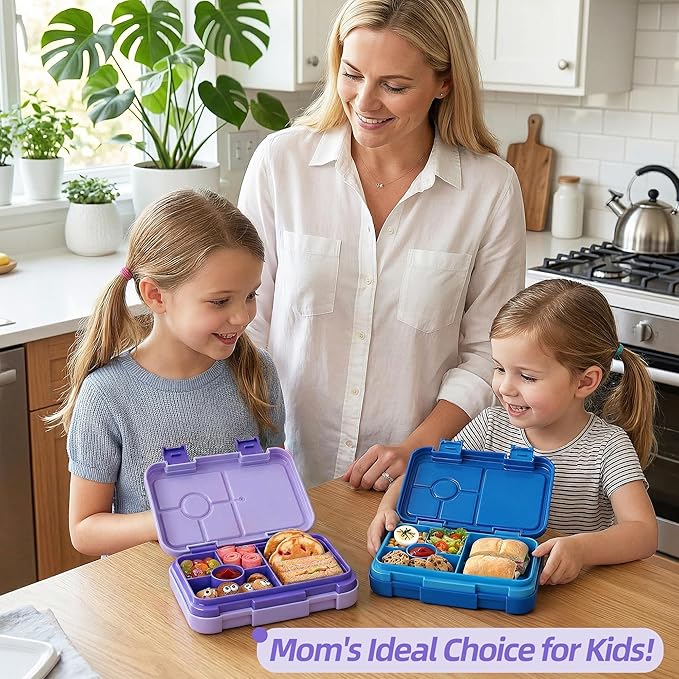 Bento Lunch Box for Kids, 6 Compartments BPA Free, Dishwasher Safe Back to School Snack Bento Lunch Containers Boxes, Ideal Portion Sizes for On-the-Go Meal, Ages 3+, School, Purple Patterned