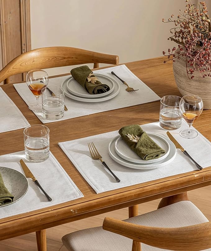 Natural Linen Blend Dinner Table Placemats Set of 4 Rectangle Cream Cloth Place Mats Heat Resistant Washable Durable Daily Use Table Protective 12x18 Inch