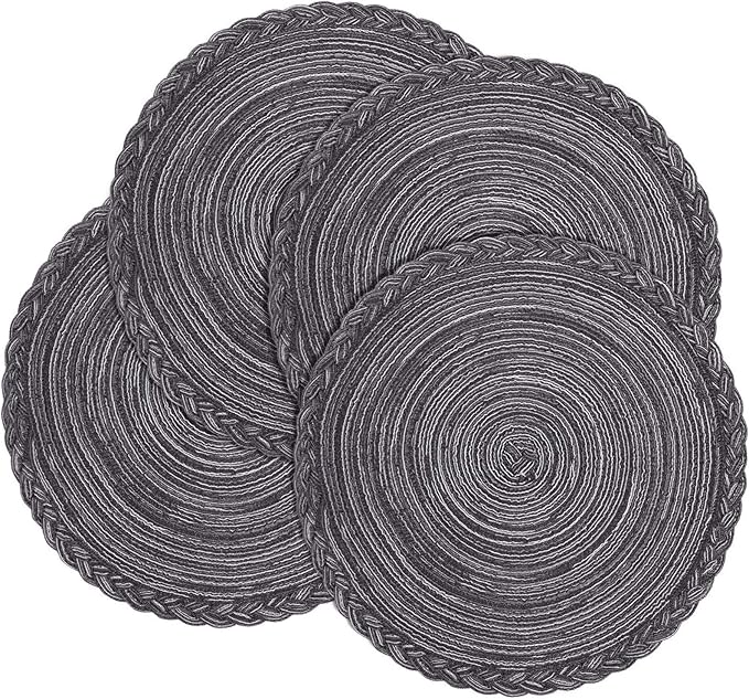 Indoor and Outdoor Round Cotton Placemat, Non Slip Round Braided Placemats Cotton Polyester Table Mats for Dining Tables 15 inch (Gray and Black, Set of 4)