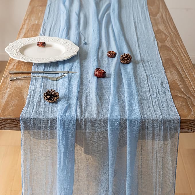 Keketoarrange 10pcs Light Blue Gauze Rustic Cheesecloth Table Runner 120 Inch 10 FT for Wedding Baby Shower Bridal Shower Birthday Engagement Garden Outdoor Party Long Sheer Boho Decorations