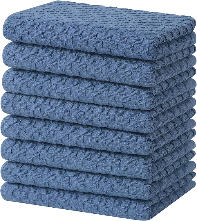 Homaxy 100% Cotton Terry Kitchen Towels(15" x 25", 8 Pack), Soft and Super Absorbent Dish Towels, 380 GSM Reusable Tea Towel with Hanging Loop, Pineapple Grid Designed, Navy Blue