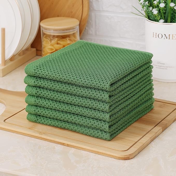 Kitinjoy 100% Cotton Kitchen Dish Cloths (12 X 12 Inches, Grass Green), 6 Pack Waffle Weave Ultra Soft Absorbent Dish Towels for Drying Dishes Quick Drying Kitchen Towels Dish Rags