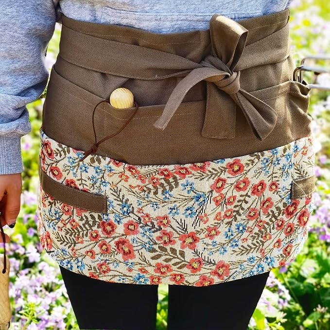 Garden Apron for Woman, Serve Apron Cute, Flora Half Apron with 8 Pockets, Valentines Gift for Mom Wife Girlfriend