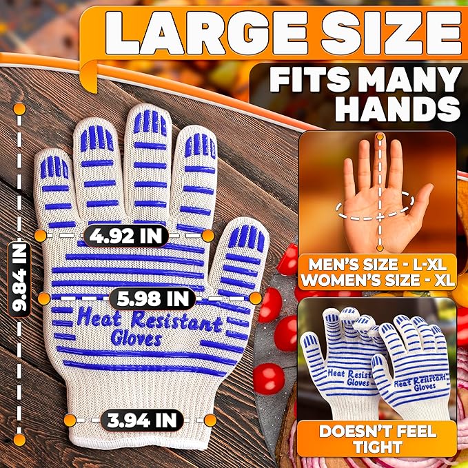 Heat Resistant Gloves - Aramid Oven Gloves with Fingers for Cooking & Grilling, Lightweight BBQ Gloves with Cotton Lining, Non-Slip 9.45x3.94 Kitchen Mitts for Baking & Frying, Kitchen Gift for Chefs