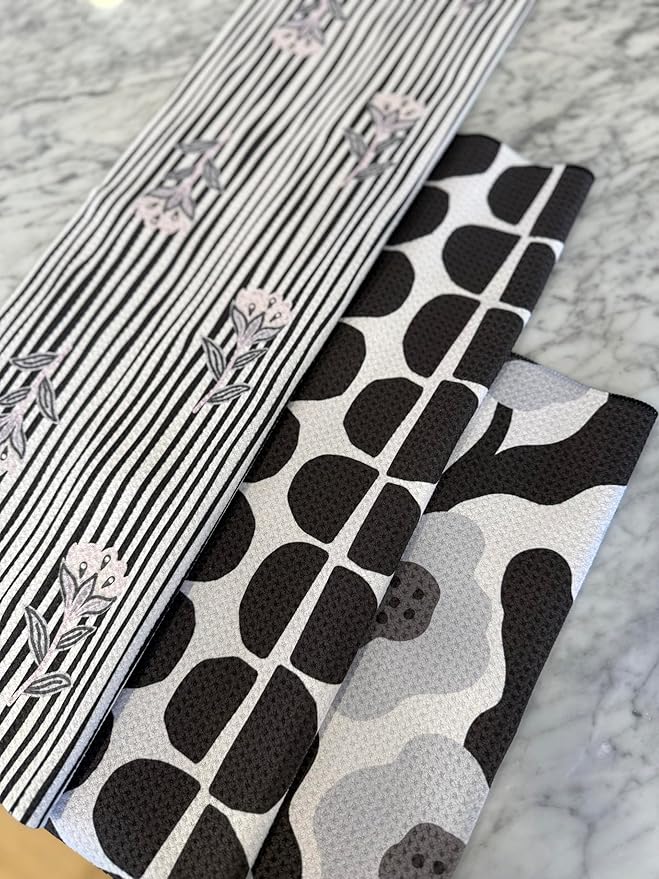 || 3 Pack|| Double Sided Dish Towels || Waffle Weave Microfiber || Tea Towels || Highly Absorbent || Hanging Loop || Dish Cloths || Modern || Designer Prints (Black/Gray)