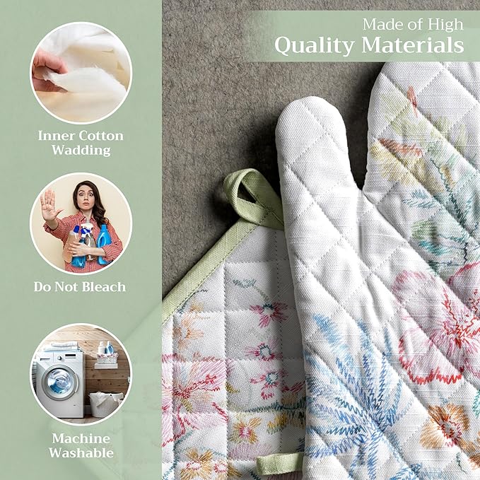 Maison d' Hermine 100% Cotton Oven Mitt & Pot Holder Set (7.5"x13" & 8"x8") Heat Resistant Cooking Gloves with Loop Baking Grilling Kitchen Gifts for Mothers Day Spring/Summer (Paradise Island)