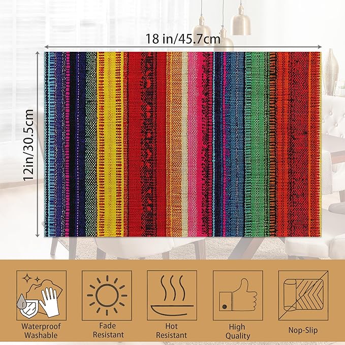Mexican Placemats Set of 6,Ethnic Stripes Rainbow Table Mates Non-Slip Heat Resistant Washable Linen Place Mats for Party Kitchen Dining Decoration Indoor Outdoor 12"x18"