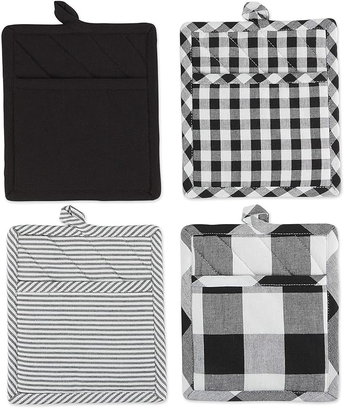 DII Gingham Check Kitchen Collection, Black, Potholder Set