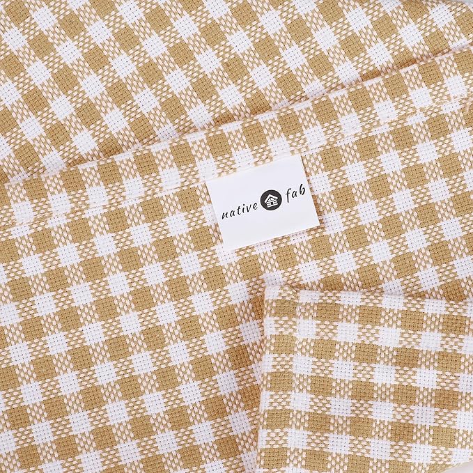 Native Fab Gingham Mini Check Set of 4 Cloth Dinner Napkins 16x16 inches Soft, Absorbent, Cotton Napkins - Reusable Everyday Use Fabric Napkins - Beige and White