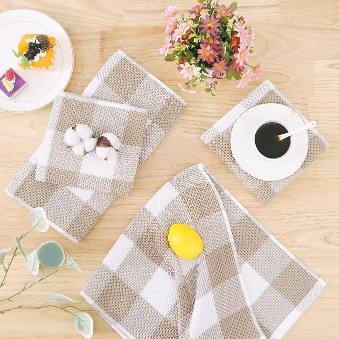 Homaxy Kitchen Towels and Dishcloths Set, 12 x 12 and 13 x 28 Inches, Set of 12 100% Cotton Waffle Weave Check Plaid Kitchen Dish Towels, Super Soft and Absorbent Dish Cloths, White & Khaki