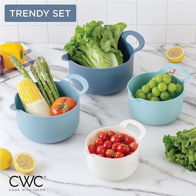 COOK WITH COLOR Nesting Plastic Mixing Bowl Set with Pour Spouts and Handles, Blue, 4 Piece