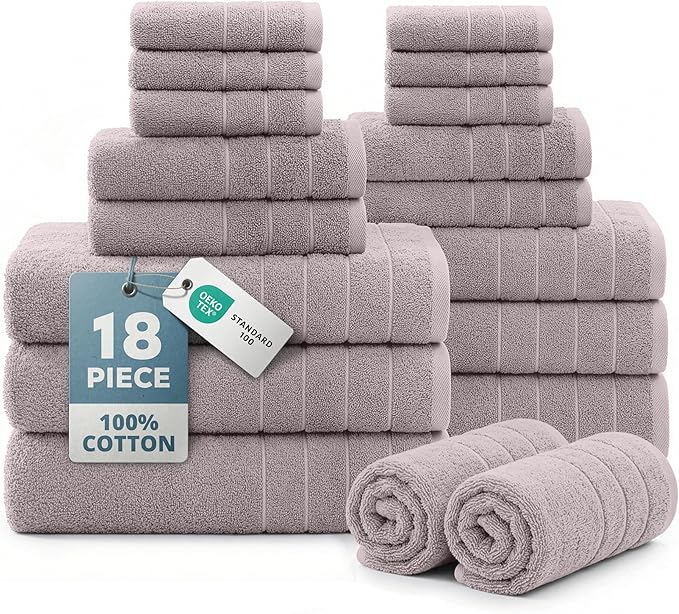 Casa Platino 100% Ringspun Cotton Bath Towel Set - 18 Pcs - Very Soft, Quick Drying & Highly Absorbent - 6 Bath, 6 Wash Cloth, 6 Hand Towels - Ideal for Guests & Perfect for Your Bathroom - Platinum