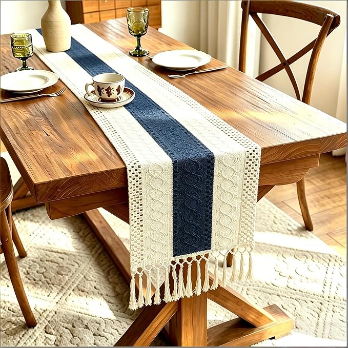 Boho Table Runner for Home Decor with Tassels 72 Inches Long Farmhouse Rustic Navy Blue Table Runner Macrame Burlap Table Decoration for Living Room Bridal Shower(12x72in)