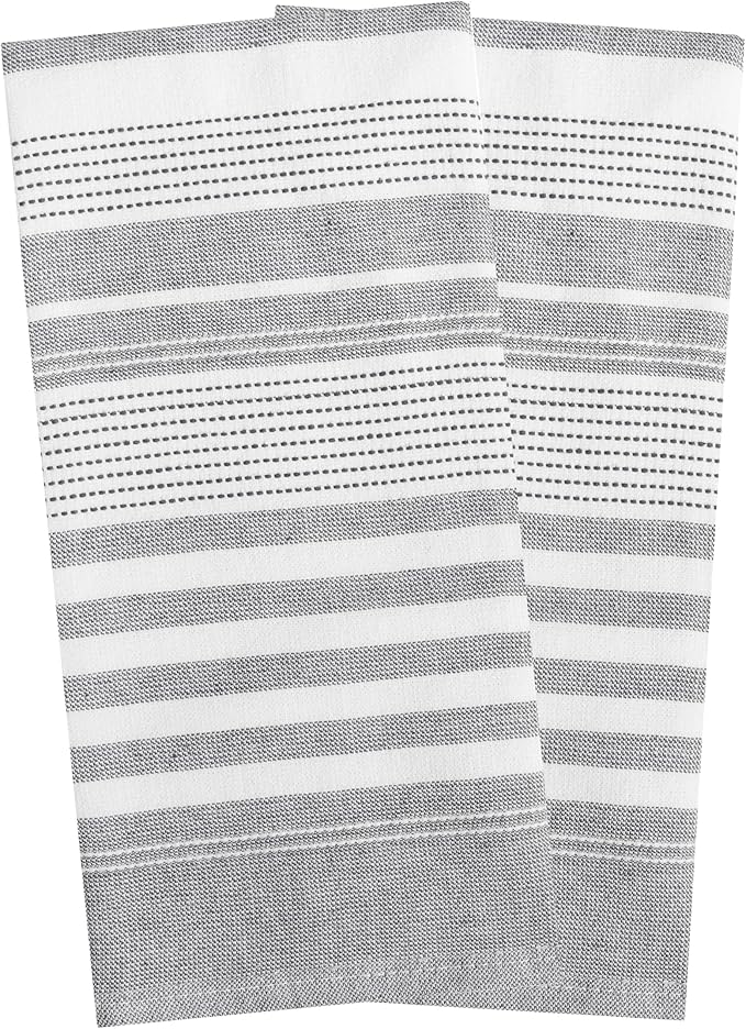 T-Fal Premium Dual-Sided Skipping Striped Kitchen Towels (2-Pack), 18" x 28", Highly Absorbent, Long-Lasting, Reversable 100% Flat-Weave Cotton Dish Towels, Hand Towels, Bar Towels, Graphite