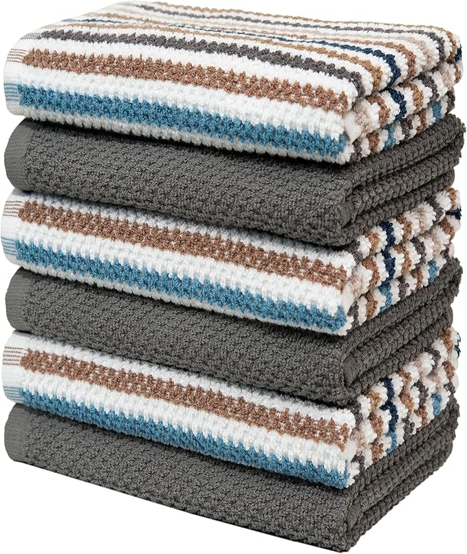 Premium Kitchen Towels (16”x 26”, 6 Pack) | Large Cotton Kitchen Hand Towels | Popcorn Striped Design | Dish Towels | 430 GSM Highly Absorbent Tea Towels Set with Hanging Loop | Gray