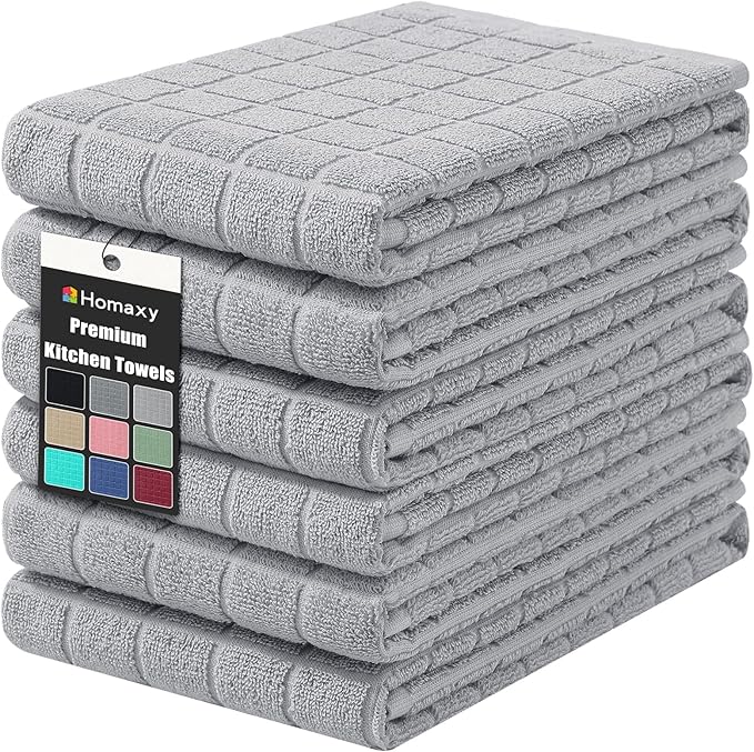 Homaxy Premium Cotton Kitchen Towels 16"x 28", Large Natural Ring Spun 390 GSM Dish Towels, Super Absorbent Terry Kitchen Hand Towels, Soft Tea Towels with Hanging Loop, Pure Light Grey Design, 6 Pack