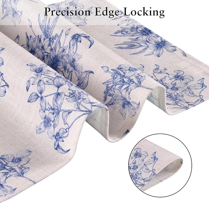 LilyCat Linen Fabric Blue Floral Placemats, Waterproof Durable Boho Dining Table Mats for Kitchen, Rustic Vintage Washable Place Mats Set of 4, 18’’× 12’’