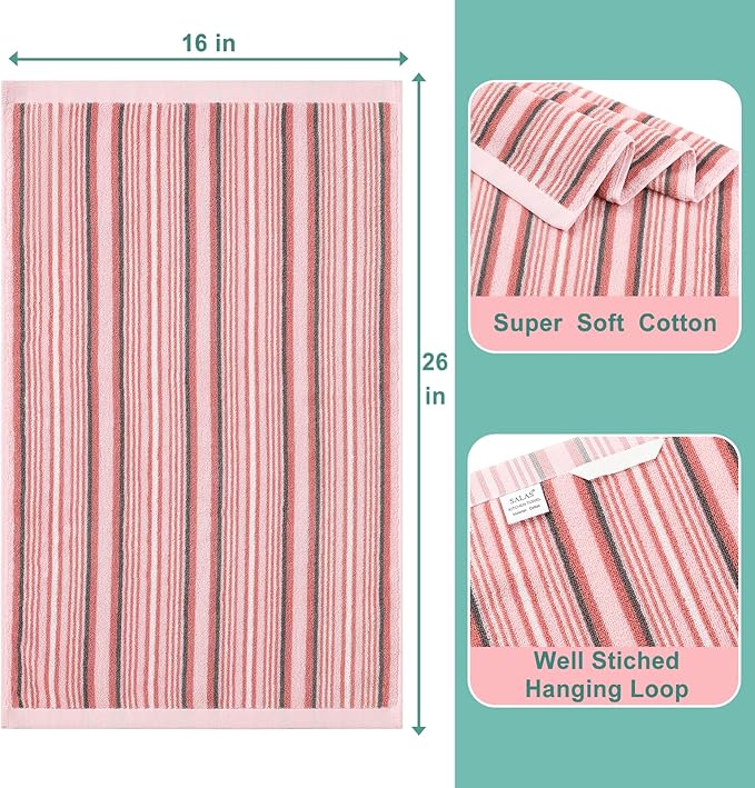 SALAS Premium Cotton Kitchen Dish Towels for Drying Dishes,Large Long 390GMS Hand Towels, Thick Highly Absorbent Dish Cloth Towel Sets with Hanging Loop, 16" X 26", 3 Pcs, Pink