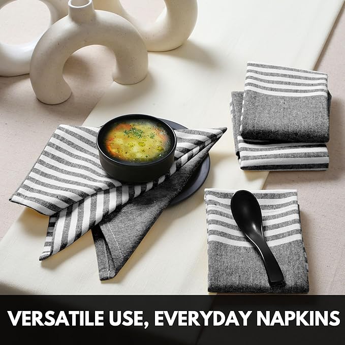 Cloth Napkins 18x18 Inches - Striped Design, 100% Cotton, Reusable & Durable Fabric Napkins for Dining, Everyday Meals, Events, Parties - Machine Washable, Set of 4, Black