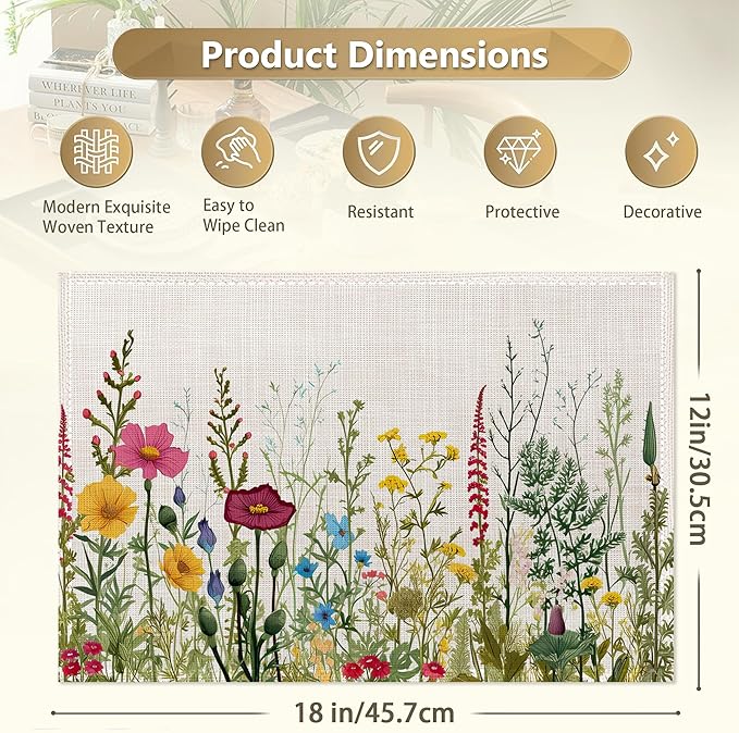 Set of 6 Washable Herbs and Wild Flowers Placemats Non-Slip Heat-Resistant 12x18 Inch Thick Decorative Linen Table Mats for Dining Table Home Décor