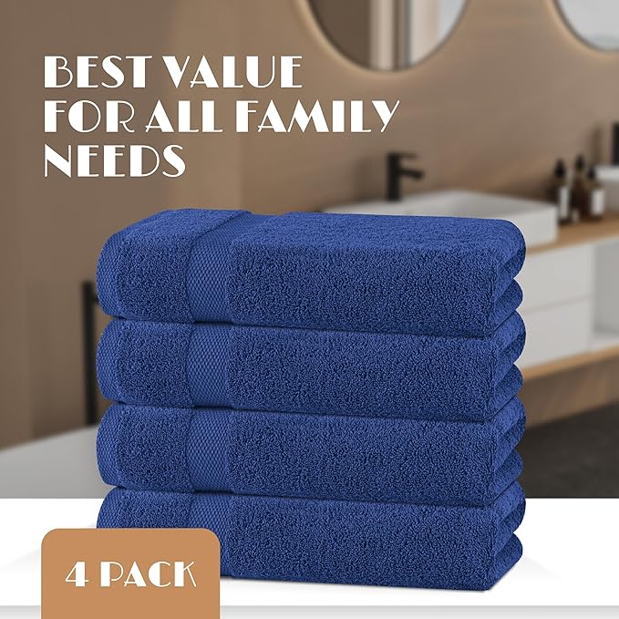 White Classic Navy Blue Bath Towels 27x54 Inch, Cotton Towel Set for Bathroom, Hotel, Gym, Spa, Soft Extra Absorbent Quick Dry 4 Pack