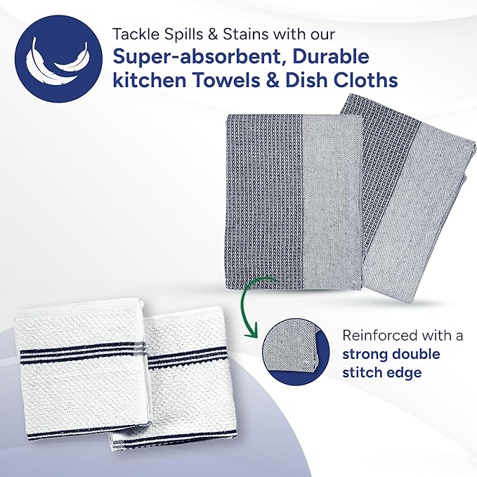 Casa Platino Mini Oven Mitts Set, 8-Piece – 500°F Heat Resistant Silicone Oven Mitt, Potholders for Kitchens, 2 Kitchen Towels & 2 Dish Cloths – Non-Slip & Durable – Indigo