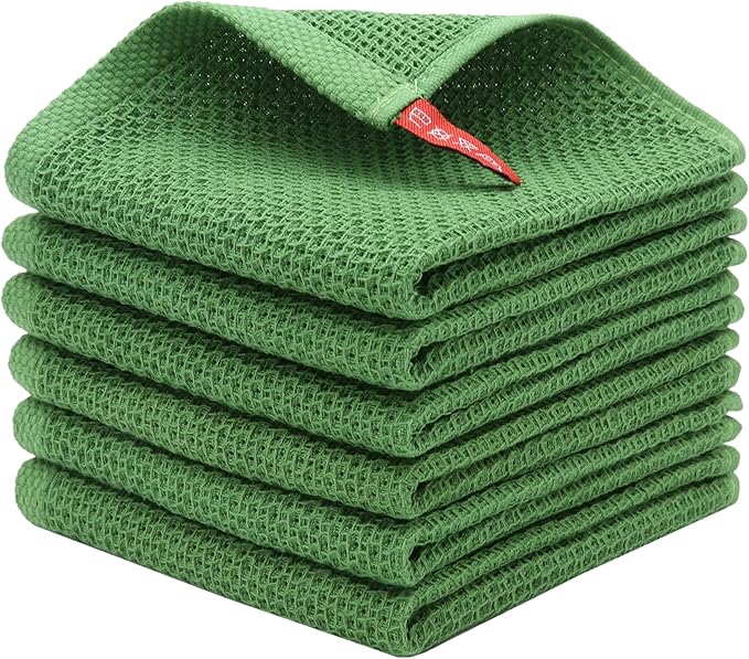 Mia'sDream Cotton Dish Cloths Dish Rags Waffle Weave Kitchen Towel, Soft and Absorbent Dish Towels Hand Towels for Kitchen, 12inchx12inch 6 Pack (Green)