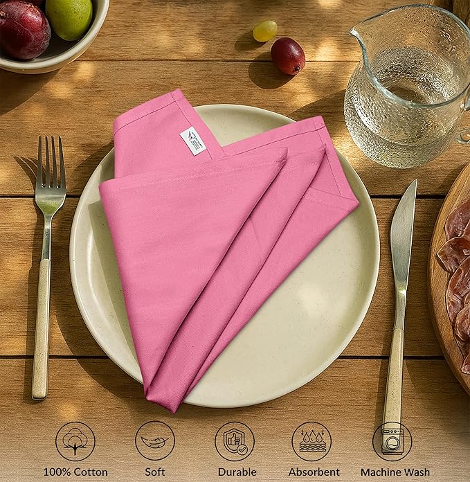 Ruvanti Cloth Napkins Set of 6, 100% Cotton High GSM 18x18 Inches Soft, Washable, Highly Durable & Absorbent, Perfect for Parties, Christmas, Thanksgiving Dinners – Pink Bubblegum