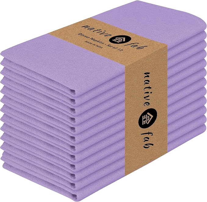 Native Fab Cotton Table Napkins, 12 Pack, 17x17 Inches, Hotel Quality, Durable, Washable Fabric, Ideal for Easter Sunday, Holiday Dinner, Cocktail Parties, Catering, Family Gatherings, Lavender