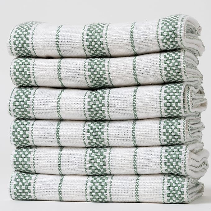 Kitchen Towels Set – Pack of 6 (20’’ x 30’’) Extra Large Premium Cotton Dish Towels for Kitchen – Chain Stripe Towels – Absorbent – 100% Cotton – with Hanging Loop – Green