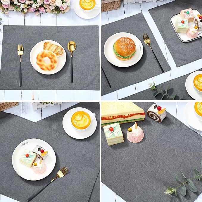 Sieral 12 Set Cloth Placemats Rectangle Dining Table Placemat Bulk 13 x 19 Inch Machine Washable Heat Resistant Cotton Linen Table Mats for Wedding Birthday Party Supplies(Dark Gray)
