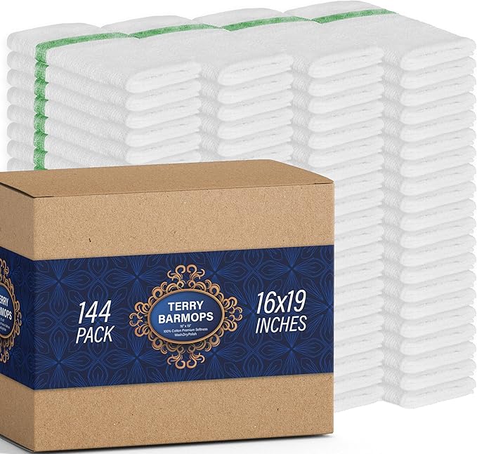 GREEN LIFESTYLE 144PK Pack Green Stripe Terry Kitchen Bar Mops 30 Oz 16 X 19 inches, Highly Absorbent, Ultra-Light, and Durable - Commercial Cotton Bar Towels for Restaurant Use