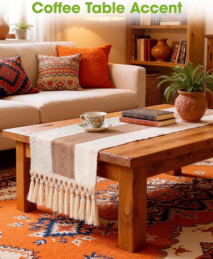 Pureegg Farmhouse Boho Table Runner - 72 Inches, Linen-Textured Woven Tassel Design for Dining Table Decor, Kitchen, Coffee Table & Living Room, 12 x 72 Inch, Brown