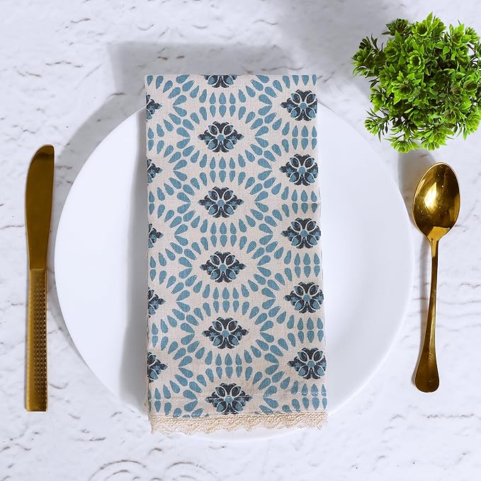FINGERCRAFT Dinner Cloth Napkin Cotton Linen Blend 4 Pack Mitered Corners with Elegant Lace for Everyday Use Napkins are Pre Shrunk and Good Absorbency (Moroccan, 20in x 20in)