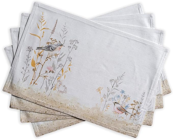 Maison d' Hermine Placemats Set of 4 100% Cotton Washable Cloth Place Mats Reusable Table Mats for Kitchen Dining Wedding Gifts for Mothers Day Spring/Summer (Meadow Florals - Beige, 13" x 19")