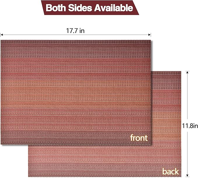 SLKQG Red Placemats Set of 6 - Easy Clean Washable Vinyl Placemats - Wipeable Heat Resistant Table Mats for Dining Table - 17.7x11.8 Inch (6, Red Gradient)