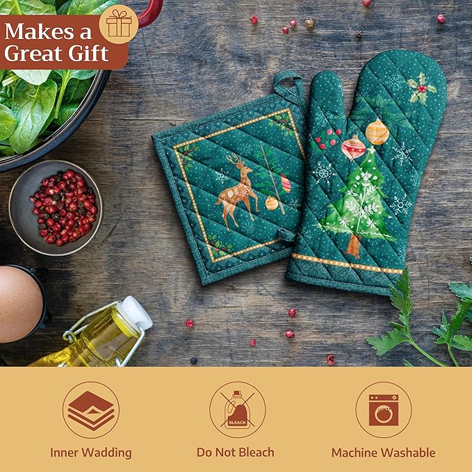 Maison d' Hermine Oven Gloves 100% Cotton Oven Mitt 7" x 13" with Loop Heat Resistant BBQ Cooking Gloves for Thanksgiving Christmas Decorations Baking Handling Hot Pans (Pack of 1, Hygge Christmas)
