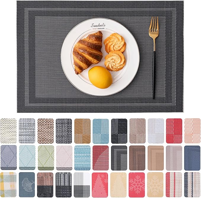 CADONO Placemats Set of 6 Washable Indoor/Outdoor Vinyl Place Mats for Dining Table Durable Non-Slip Heat Resistant PVC Weave Table Mats（Simple Style-Black）
