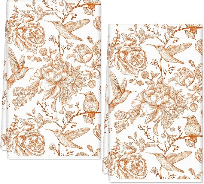 Orange Bird Floral Kitchen Dish Towel 18 x 28 Inch Vintage Bird Flower Dishcloth Chinoiserie Hand Drying Tea Towel for Home Kitchen Cooking Baking, 2Pcs