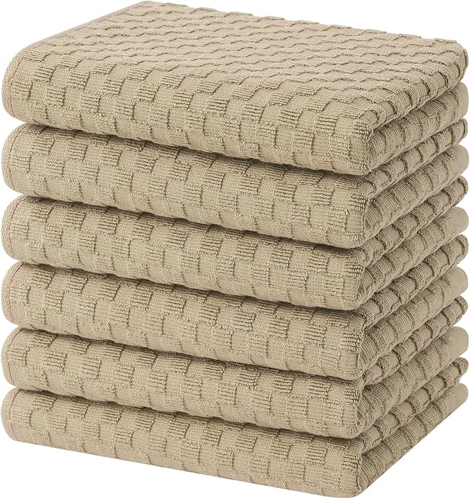 Homaxy 100% Cotton Terry Kitchen Towels(15" x 25", 6 Pack), Soft and Super Absorbent Dish Towels, 380 GSM Reusable Tea Towel with Hanging Loop, Pineapple Grid Designed, Tan