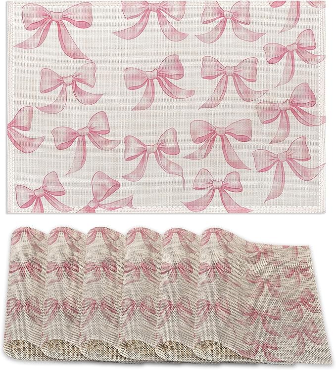 Pink Bows Placemats Set of 6,Cute Waterproof Non-Slip Washable Table Mats for Kitchen Dining Holiday Party Wedding Decor 12x18 Inch