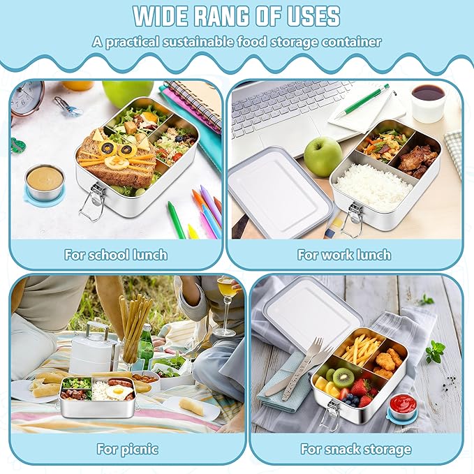 HaWare Lunch Box, 29oz (850ML) Stainless Steel Bento Box with Condiment Container and Carrying Bag, 3 Compartment Food Container for Kids and Adults, Leak-Proof Metal Snack Box, Dishwasher Safe