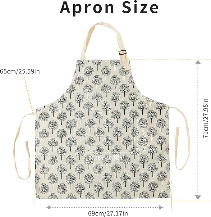 Tosewever 2 Pieces Cotton Linen Waterproof Bib Apron with 2 Pockets - Long Ties Adjustable Neck Strap - Unisex Cooking Kitchen Decorative Pattern Aprons for Women Chef (Triangle/Tree, 2)