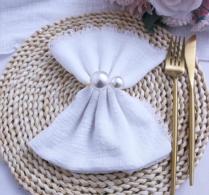 Cloth Napkins with Fringe Set of 12,100% Natural Soft Cotton,Washable Gauze Napkins Great for Weddings Decorative,Dinner Parties,Family Everyday Use (12 Pack, White)