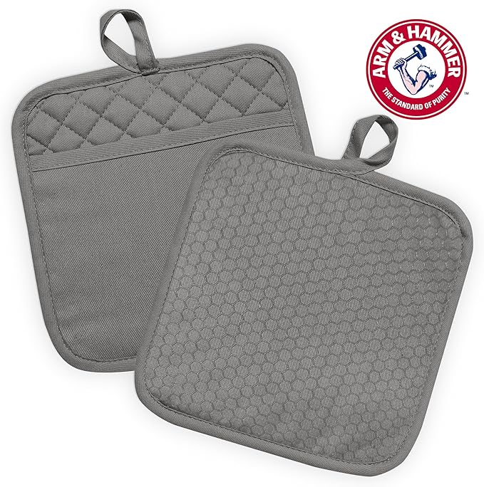 Arm & Hammer Quilted Pot Holders, Heat Resistant, Non-Slip Silicone Grip, 2 Pack, Grey